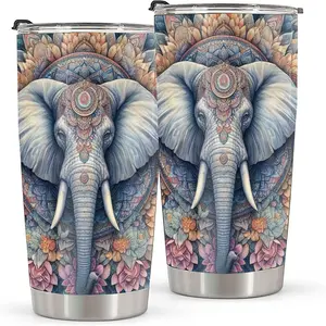 20oz Ornate Elephant Watercolor Tumbler, Double Wall Vacuum Insulated Travel Mug, Spill Proof Lid and Straw, Intricate Mandala & Floral Design, Ideal for Christmas, Thanksgiving, Valentine's, Mother's, Father's Day, Gift for Birthday, Coffee Cup