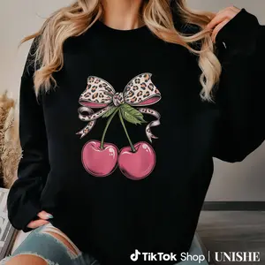 Cherries & Leopard Bow Kawaii Sweatshirt – 100% Printed Long Sleeve Top