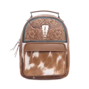 Myra Steer Creek Hairon Backpack for Women – Handtooled Leather, Cowhide Front Pocket, Rustic Western Charm