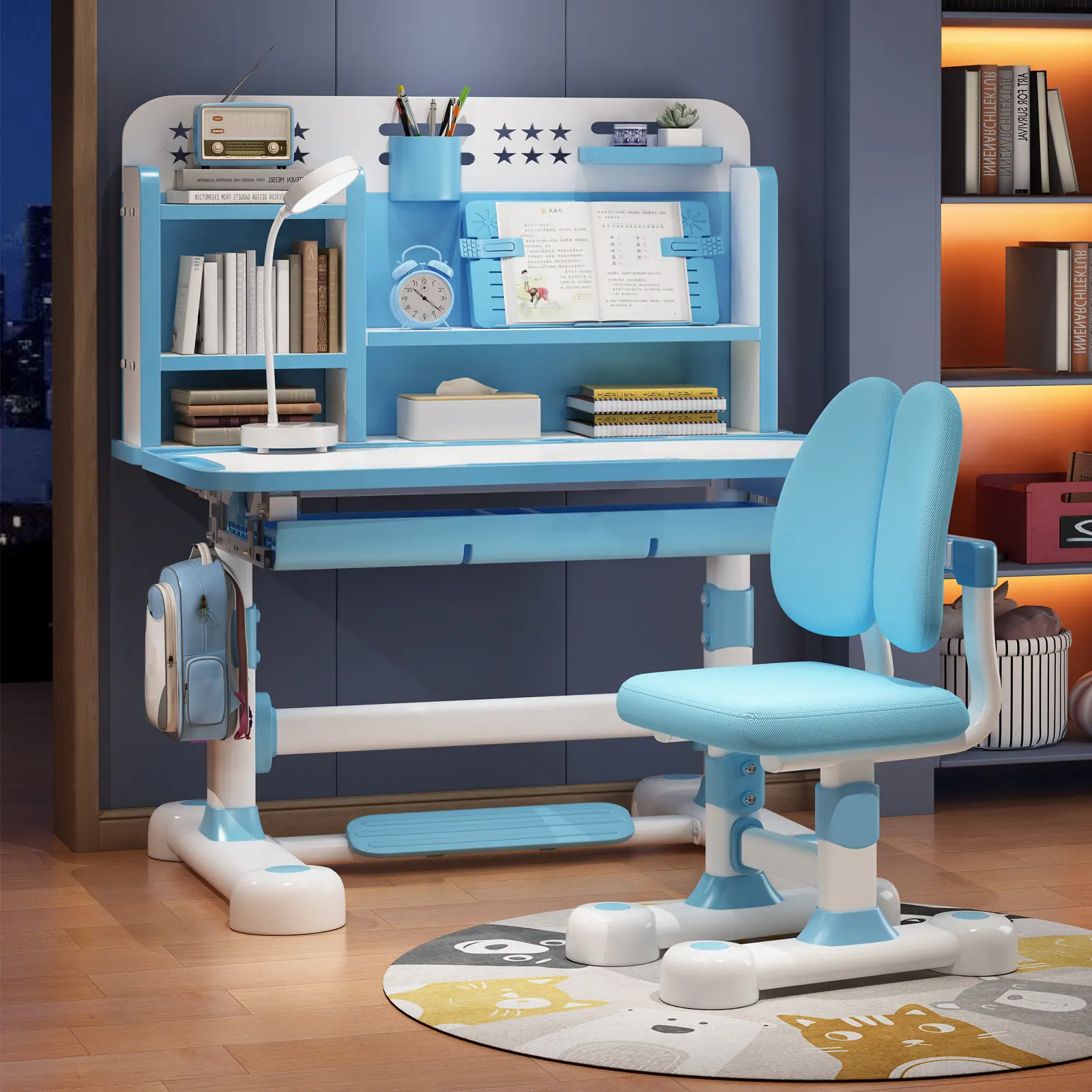 Kids' 2-Pc Premium Ergonomic Study Desk and Chair Set - Height-Adjustable Wood School Furniture, Astronaut Design, Metal Frame, Dual Back Wrap, Large Surface, Storage, 2 Drawers (Top+Bot), Backpack Hooks, Book Stand Eye Care, Modern White