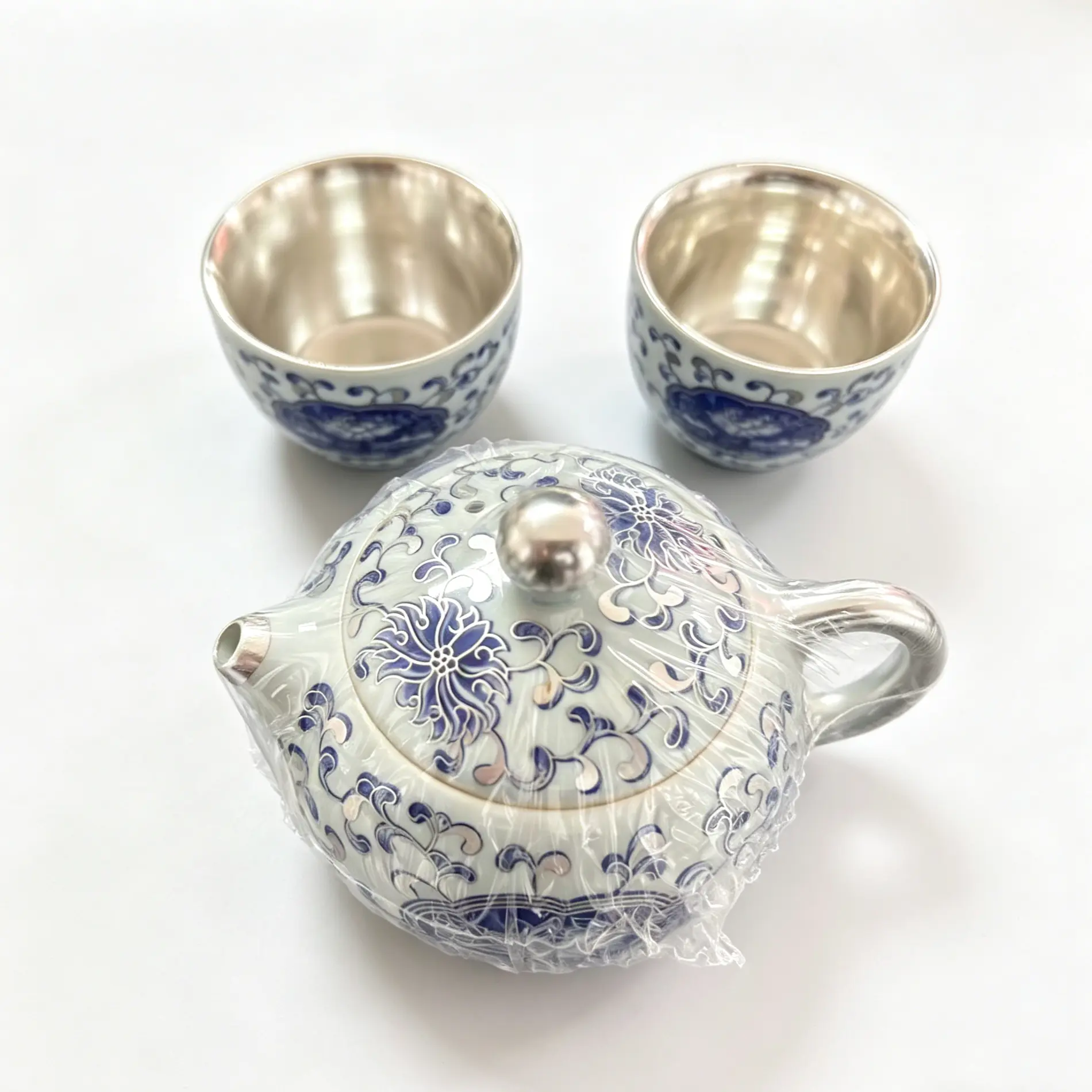Luxury Silver-Lined Blue Floral Jianzhan Tea Pot Set