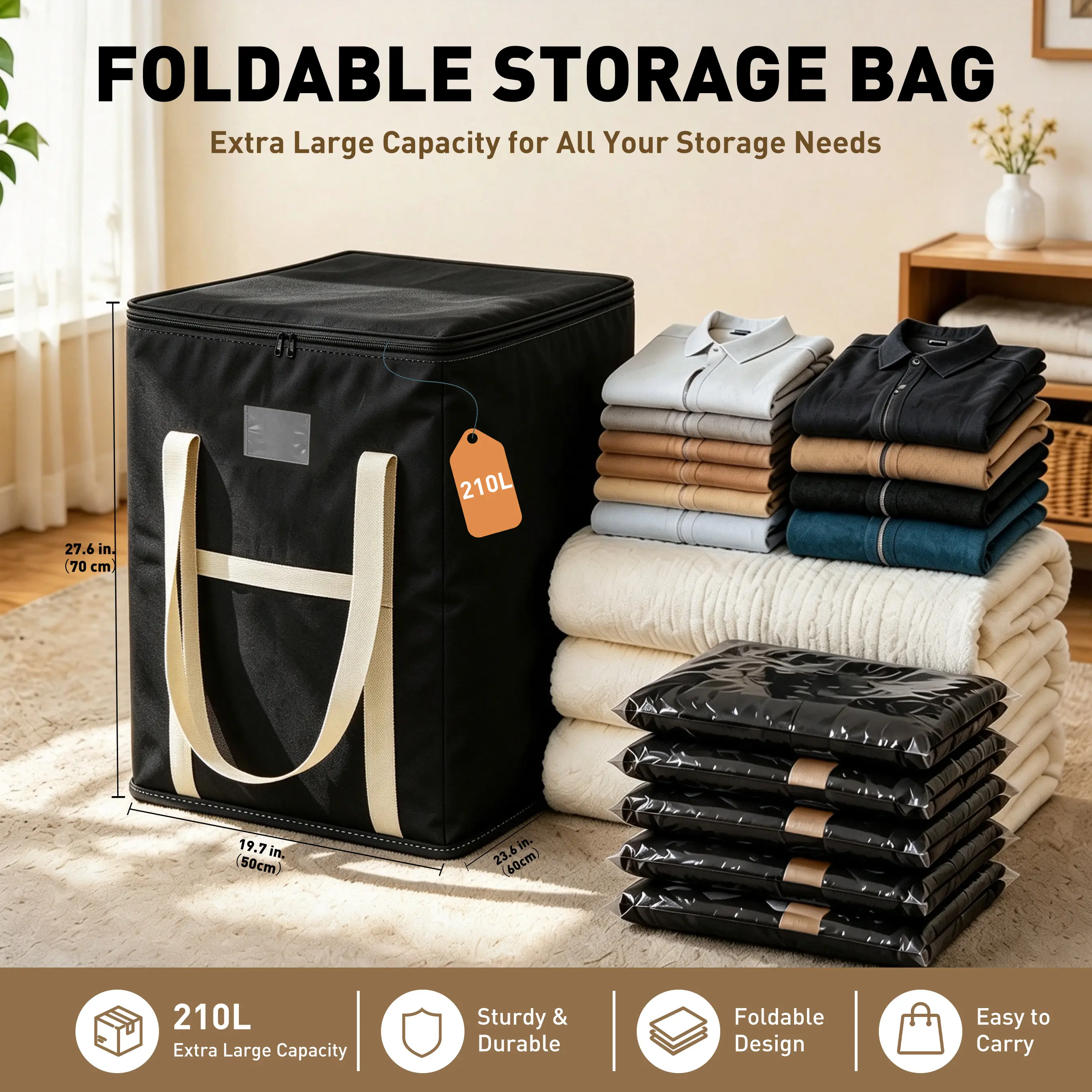 Extra Large Storage Bag with Zipper & Reinforced Handles, Foldable Non-Woven Closet Organizer for Clothes, Blankets, Comforters, Bedding and Home Organization