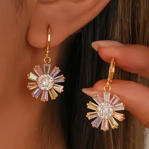 18K Gold Plated MixColor Gemstone White Sunflower Flower Dangle Earrings for Women, Hypoallergenic Cubic Zirconia Earrings, Elegant Chandelier Drop Earrings, Statement Jewelry Gifts Fashion
