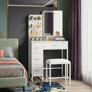 LED Light Mirror Vanity Desk Set 2 Sizes, USB Interface Mirror Strip Light & Power Outlet Design, Storage Drawers Open Organizer, Soft Stool Included Modern Bedroom Dressing Table Home Decor Furniture