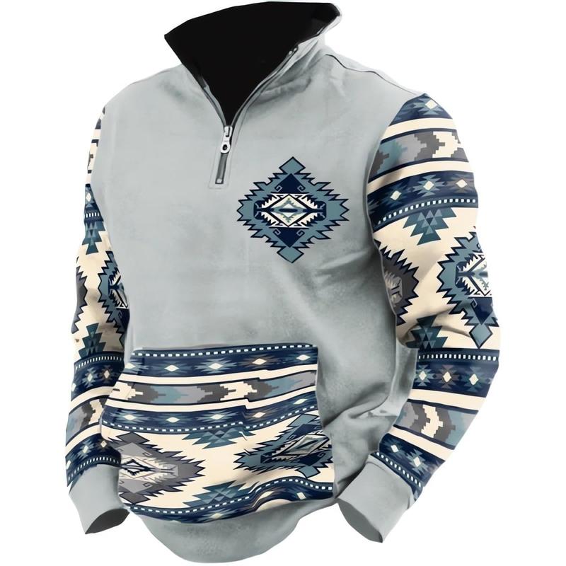 Aztec Western Hoodie for Men - Vintage Bull Head Print Long Sleeve Cowboy Sweatshirt with 1/4 Zip Stand Collar Pullover Country Style Warm Jacket