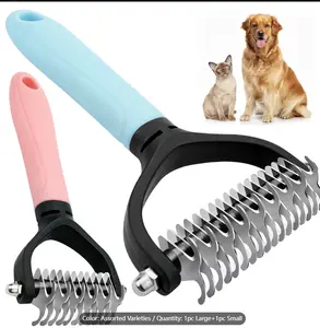 2PCS Stainless Steel Double-Sided Dog & Cat Grooming Brush - Universal Fit, Wide Teeth Undercoat Rake, Ergonomic Grip, Reduces Matting, Safe Beauty/Hair Care Tool for Long Thick Hair Tangle Removal