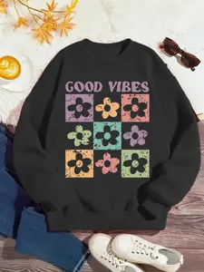 Girl's Floral & Letter Print Drop Shoulder Cute Sweatshirt, Casual Long Sleeve Round Neck Pullover for Spring & Fall, Kids Clothes for Daily Wear