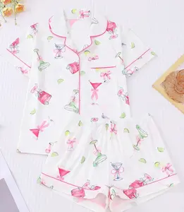 2pcs Women Summer Lemon Wineglass Print Pajamas Set, Short Sleeve Collared Cardigan Top And Elastic Waist Shorts, Casual Pajamas & Loungewear Set For All Seasons