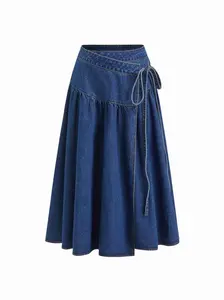 Cider Denim Mid Rise Wrap Tie Side Maxi Skirt