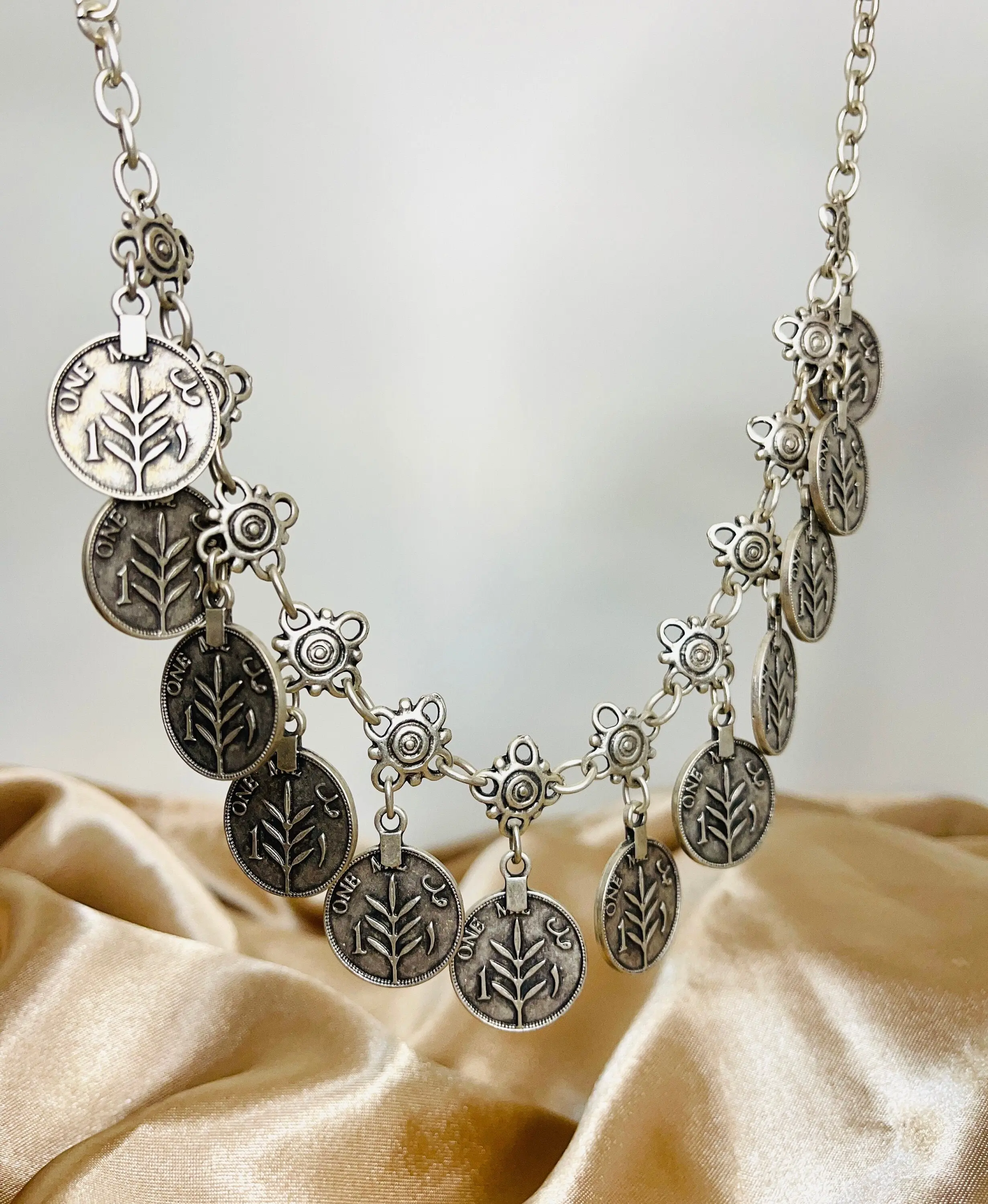 Vintage Handmade Choker/ headwear-Antique Palestinian 1 Mil Coin Plated Silver Necklace | ١ مل فلسطيني، عملة فلسطين
