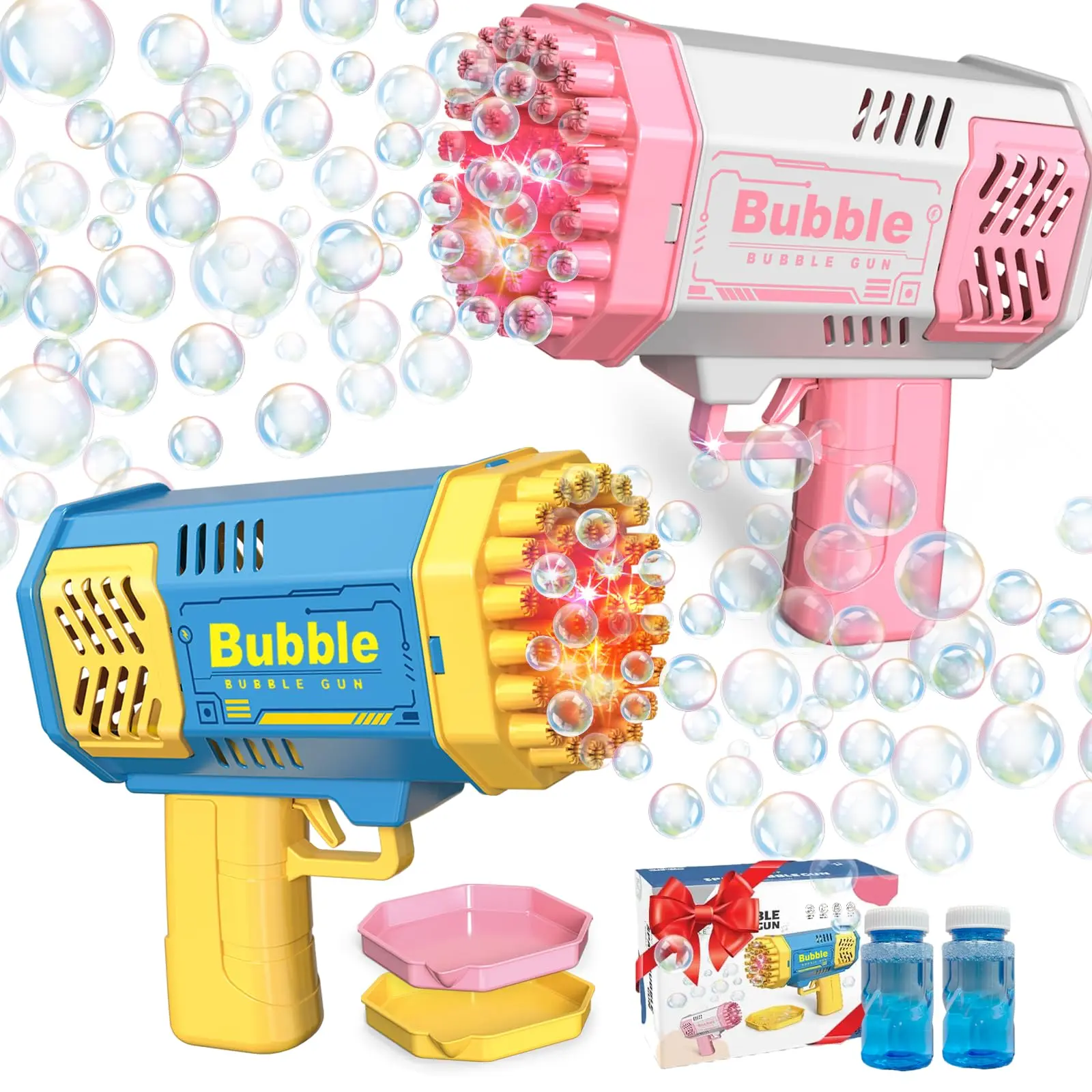 Mini Bubble Gun 2 Pack Kids Toddler Automatic 40 Hole Bubble Gun Machine with Bubble Solution, Powder Blue