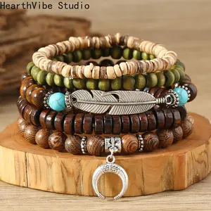 HearthVibe Studio Men's Bracelet Set 6-Piece Multi-Layer Coconut Shell Wood Bead Turquoise Feather Elastic Anklets Jade Green