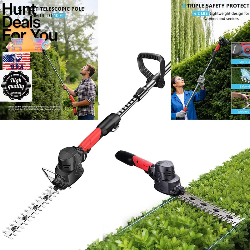 Cordless 4-in-1 Pole Hedge Trimmer, 2 x 2.0 Ah Batteries, Lightweight Telescoping Pole, Bush Trimmer & Grass Shear for Seniors, Orange Garden Tool for Hedge Shrub Daily Pruning