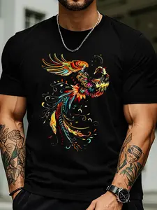 Menswear Natural Cotton Fabric Short-Sleeve Round Neck T-Shirt - 2026 Licheng Design, Phoenix Print, Sports Streetwear Casual Style