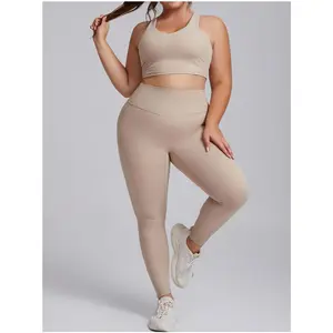 Plus Size Yoga Sets For Women, High Stretch High Waist Leggings With Pockets, Breathable Quick Dry Workout Outfits, Tight Fitness Clothing For Sports Running Gym & Outdoor Activities