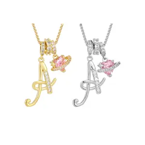 GGIRL Initial Heart Necklace for Women Pink Cubic Zirconia Pendant Letter Diamond 18K Gold Plated Fashion Jewelry Gift for Holiday Christmas Birthdays Anniversaries