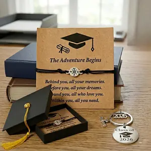 2026 Graduation Gift Set Compass Bracelet & Keychain Bundle, Hypoallergenic Stainless Steel, Adjustable Cord, Anti-Tarnish Meaningful Jewelry for Class of 2026 Graduates