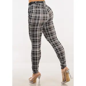 Push Up Stretchy Plaid Skinny Pants Dark Grey