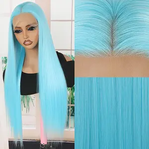 28" Long Straight Blue Lace Front Wig for Women - Glueless Synthetic Heat-Resistant Fiber, Soft & Smooth for Daily Wear, Parties, and Cosplay