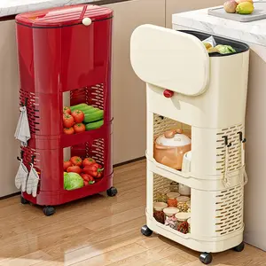 Three-Layer Kitchen Trash Can with Storage Rack, Large Capacity Home Garbage Bin with Lid, No Bending Required, High-Height Mobile Multi-Functional Organizer