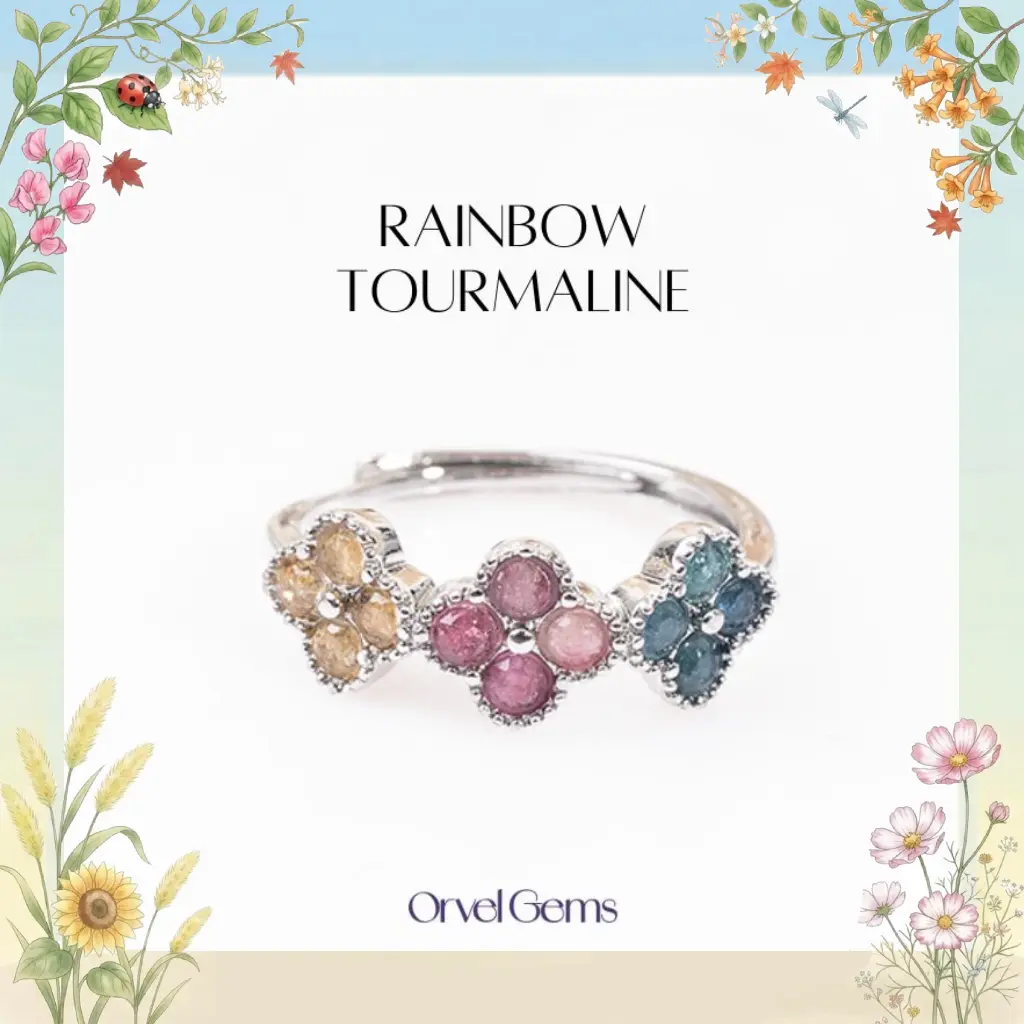 Natural Rainbow Tourmaline Ring – Adjustable Crystal Healing Jewelry for Positive Energy, Chakra Balance, Daily Wear & Gift Protective