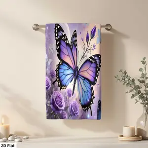 1Pc Fantasy Butterfly and Purple Roses Image Bathroom Hand Towel Bath Towel, Multiple Size Microfiber Towel, Ultra-Soft Quick Dry and Absorbent Polyester Large Bath Towel, Unique Home Decorative Kitchen Towels, Fest