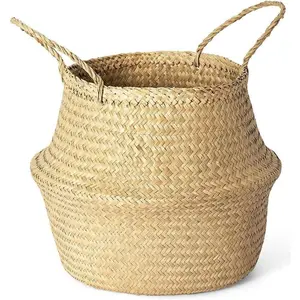 Woven Seagrass Plant Basket, Indoor Wicker Belly Basket Planter with Handle, Natural Flower Pot, Suitable for Fiddle Leaf Ficus, Tiger Tail, Olive Tree, Bird of Paradise (Medium, Natural)