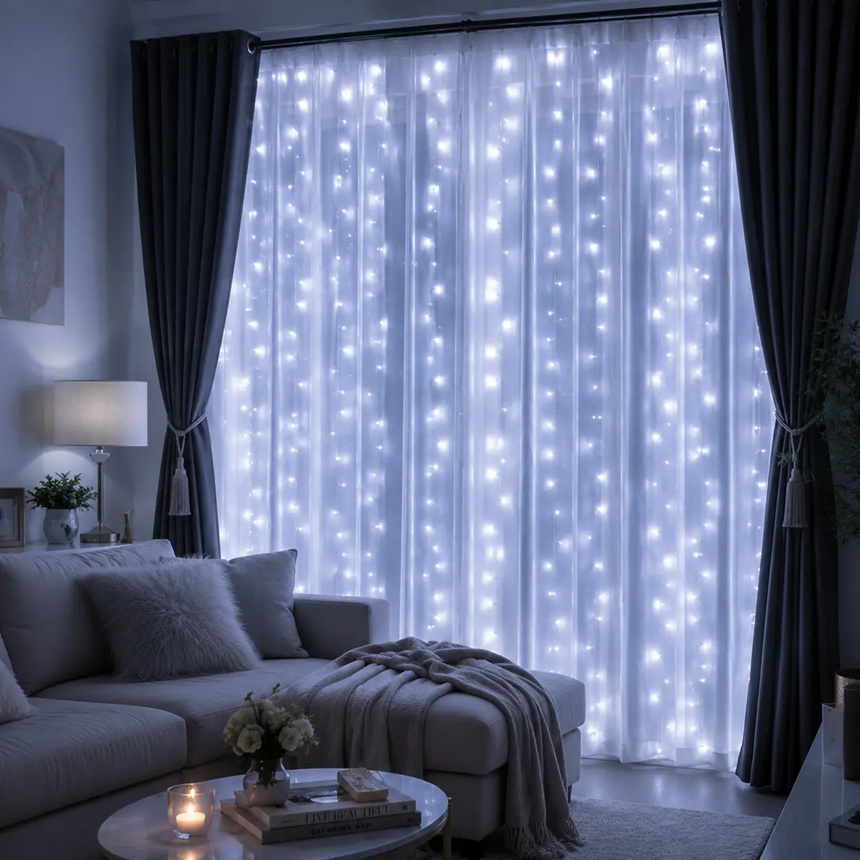 Window Curtain String Lights, 300 LED Fairy Lights USB Powered, 8 Modes Hanging Backdrop Lights for Wedding, Christmas Holiday Decor, Party, Works with Power Bank