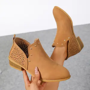 Women's Casual Hollow-Out Flat Shoes & Short Block Heel Stacked Heel Perforated Side V-Cut Western Ankle Boots with Hollow-Out Design