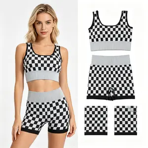 Women Adult Black Checkered 2pcs Yoga Summer Active Wear Stretchy Top Bottom Sports Sets