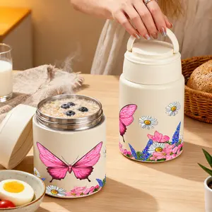 1pc 27/17oz Insulated Food Jar with Pink Butterfly and Flowers Print, Lunch Vacuum Soup Thermos For Hot Food with Inserts Stackable Bento Box Storage Container,Width Mouth Stainless Steel Portable Insulated Food
