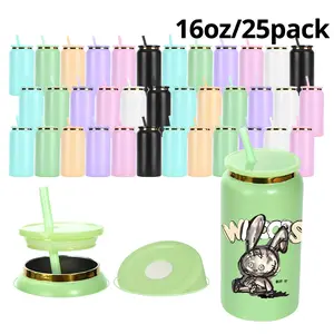 16oz Sublimation Soda Can Tumbler 25pcs Bulk, Stainless Steel Vacuum Insulated Straight Cup with Gold Rim, Aesthetic Insulated Tumbler for Iced Coffee & Soda, Trendy Vibrant Colors, USA Local Fast Shipping.