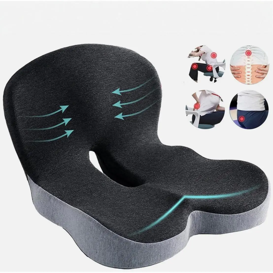 Ergonomic Memory Foam Seat Cushion and Lumbar Support Pillow Set, L-Shaped Design for Coccyx and Back Pain Relief, Non-Slip for Office Chair, Car, and Travel, Relieves Back Pain