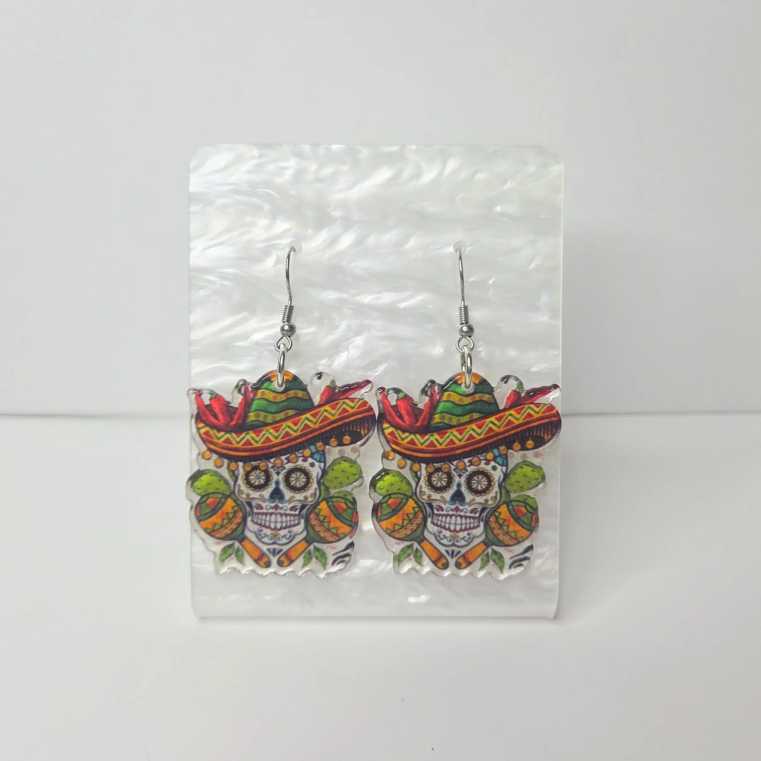 #260 Sugar Skull with Sombrero & Maracas Earrings, Casual Cinco de Mayo Mexican Jewelry