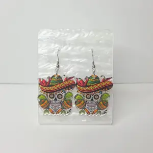 #260 Sugar Skull with Sombrero & Maracas Earrings, Casual Cinco de Mayo Mexican Jewelry
