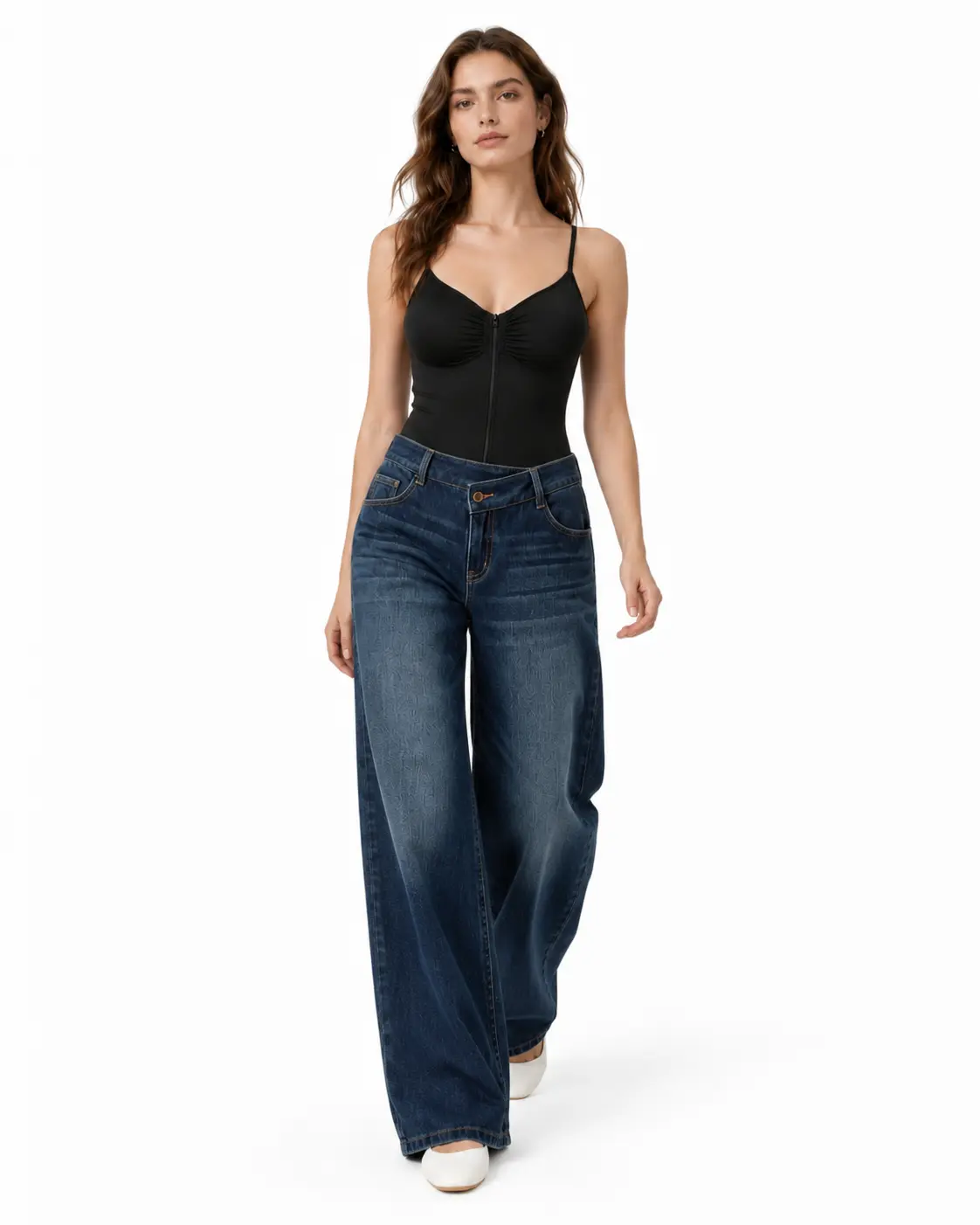 Women's Goth Fashion Low-Rise Baggy Wide-Leg Denim Jeans - Dark Wash, Graphic Back Print, Retro Stretch, Chic Streetwear, Empire Waist, Loose Fit for Halloween, Short Torso Casual Womenswear Gaucho Bottoms, Wide Leg Jeans