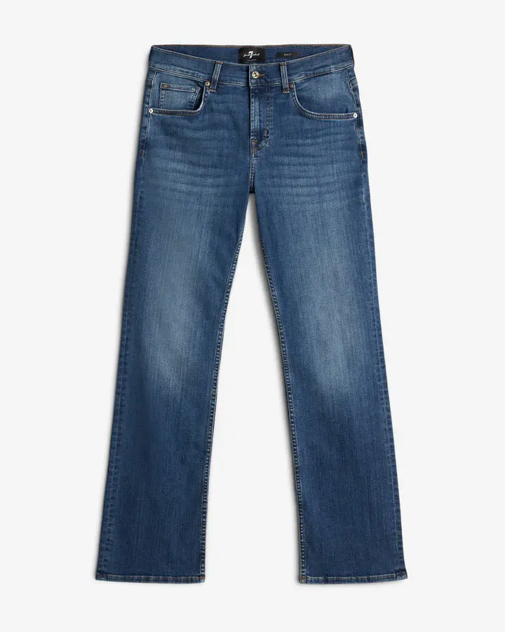 7 For All Mankind Men's The Bootcut Jeans in Faded Indigo Stretch Cotton Denim with Signature Squiggle Embroidery, Pants, Pocket, Men's Stuff, Bootcut Cut, Polyester, Menswear, 7S Pants