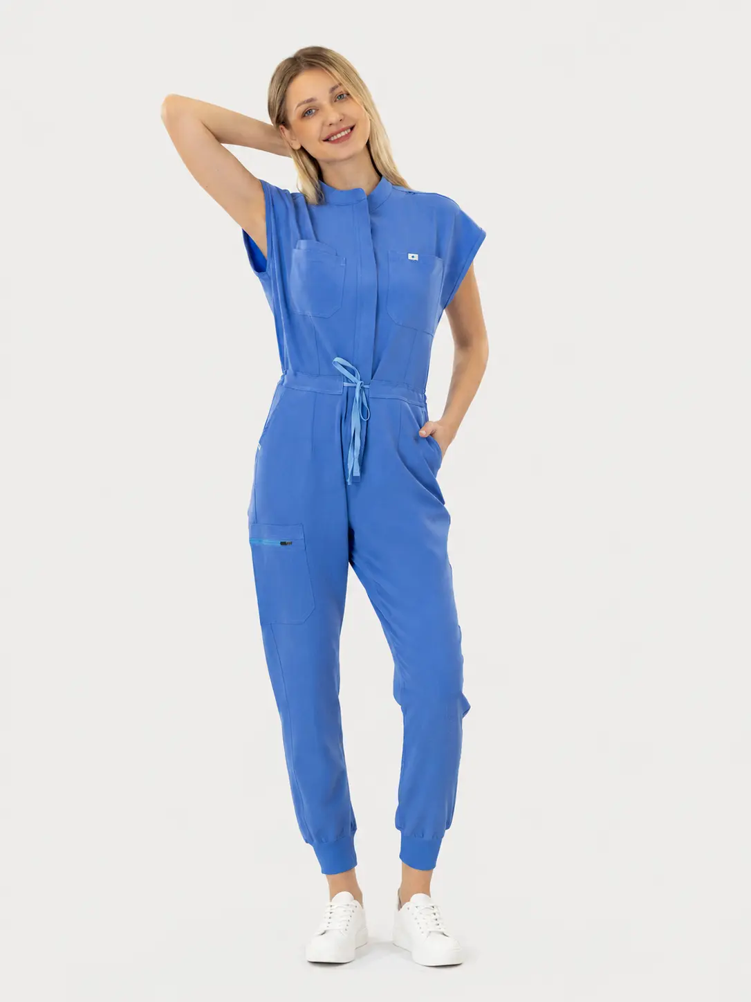 EADFLIE Women's Scrub Jumpsuit - Minimalist Stand-Up Collar Medical Workwear with 7 Multiple Pockets, Stretch Shortsleeve Fabric Daily Clothes for Nurses, Machine Washable