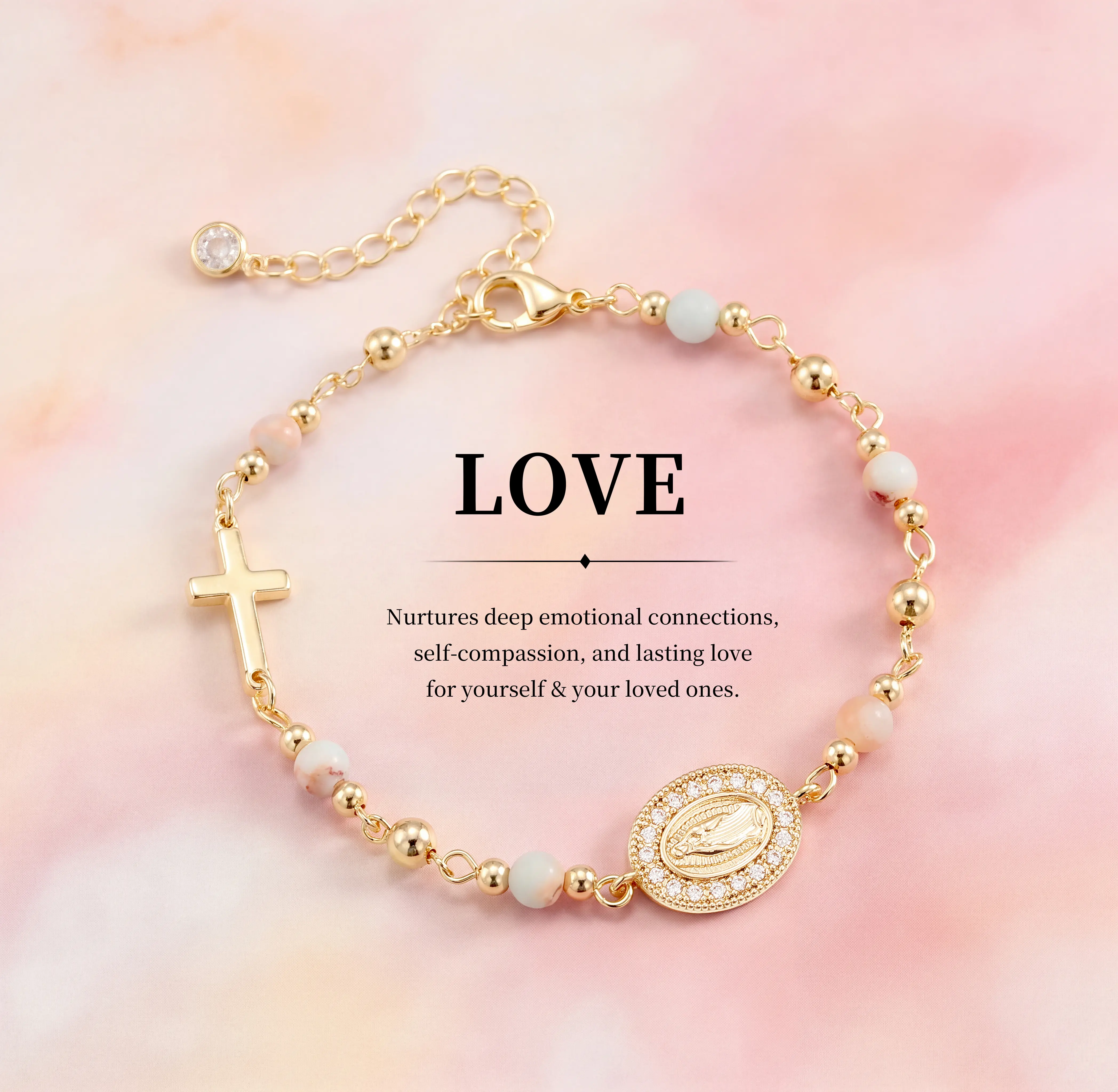Tewiky High Quality Exquisite Non-Natural Crystal Beaded Bracelet - Serpentine, White Turquoise, Pink Zebra Jasper Beads, Virgin Mary/Cross Charm - Health Energy Love Faith Jewelry, Accessories for Women, Mens Gifts, Men's Jewelry