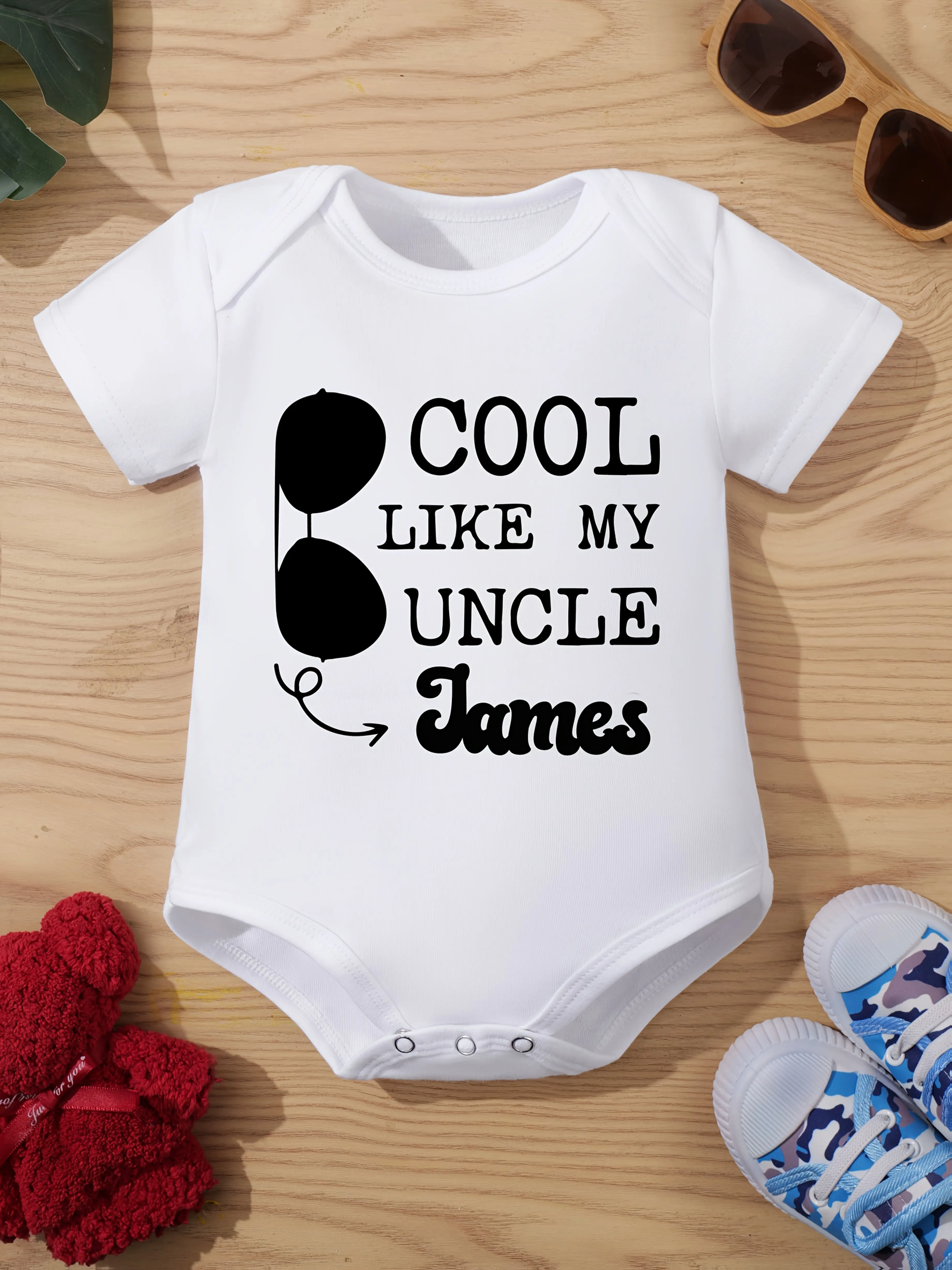 Cool Like My Uncle James Custom Name Baby Bodysuit, Uncle Themed Short Sleeve Cotton White Baby Onesie