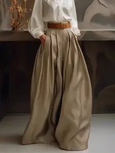High Waist Loose Pleated Wide Leg Woven Pants, Solid Color Lazy Elegant Style Women's Long Trousers, Casual Fashion for All Seasons