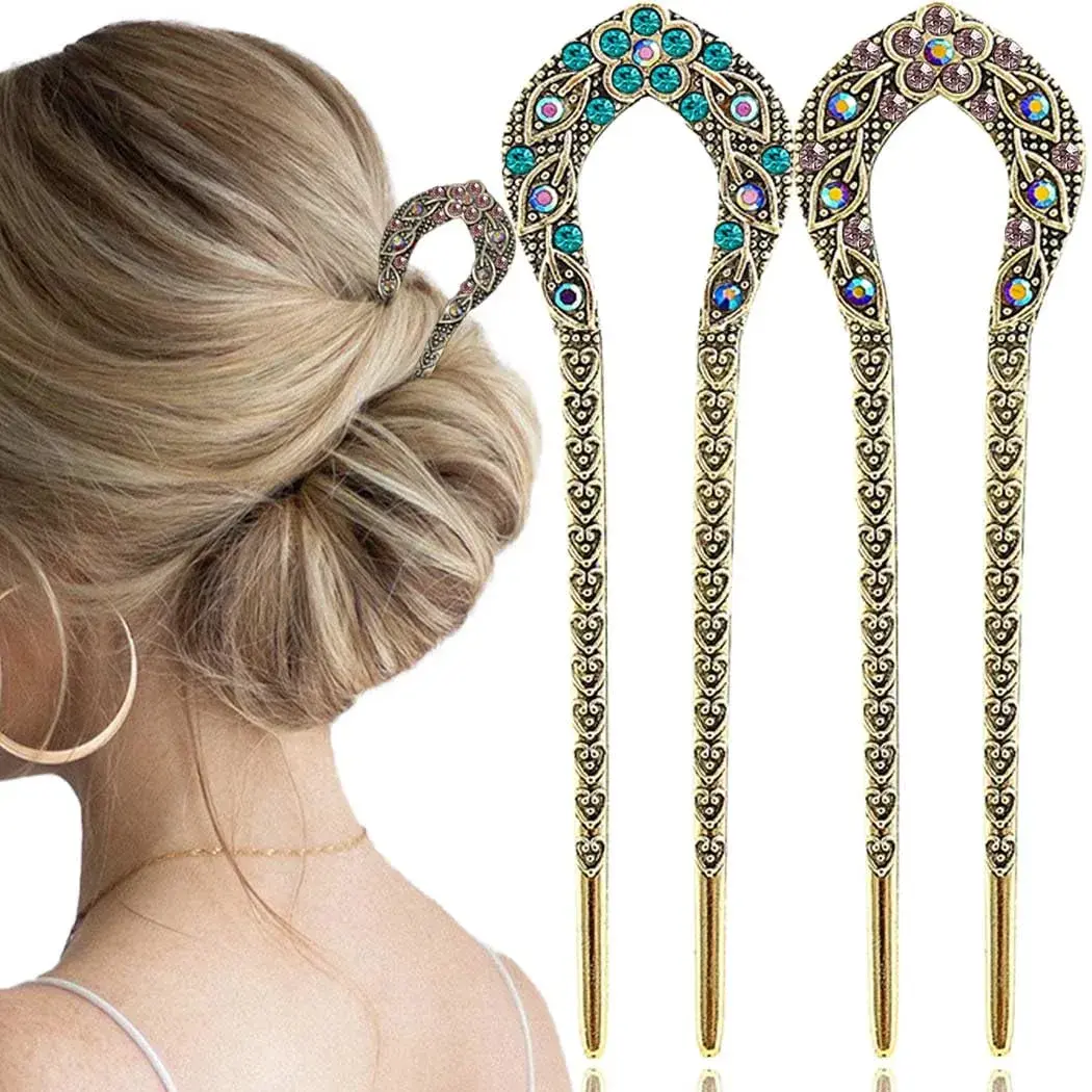 2PCS French Hair Pin for Women Vintage French Twist Hair Pin with Rhinestone Crystal Metal U Shaped Hair Fork Chignon Hairpin