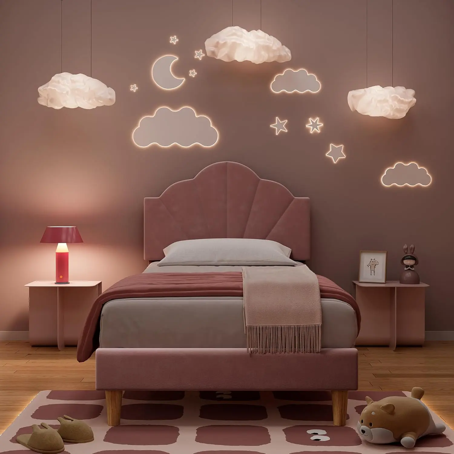 TRENDING TWIN BED! Velvet Cloud Frame + Magic Headboard 1-Tool Assembly No Box Spring EVER Kid-Proof & Super Quiet Elegant Upholstered Bed Sturdy Construction Adjustable Headboard Easy Assembly