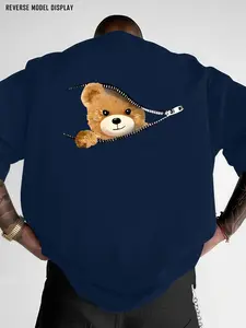 Men's Printed T-Shirt with Zipper Bear Pattern, Casual Loose Fit, Comfortable Fashion, Essential Wardrobe Item, Short Sleeve, All Seasons