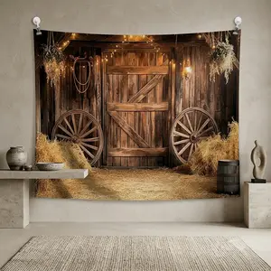 2D Flat, 1pc Western Barn Backdrop Banner - Rustic Farm Party Decor with Wooden Doors, Hay Bales, Wagon Wheels - Durable Polyester Photography Background for Birthday, Wedding, Cowboy Party Decorations - No Electricity Needed, Easy Setup, Birthday Decorat
