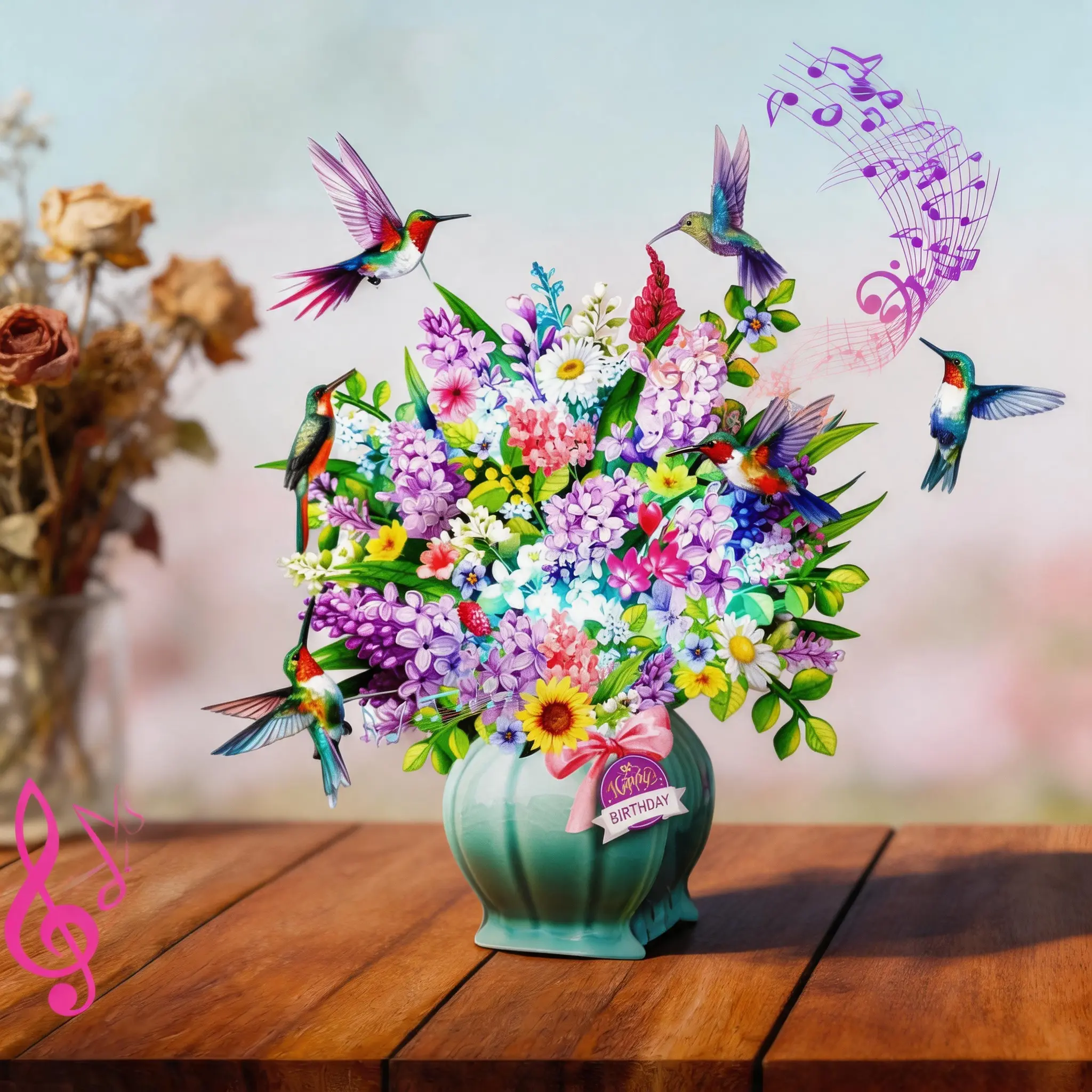 3D Illuminated Floral Music Greeting Card - 10 in Large Hummingbird Design, Press-To-Play, Durable Art Piece, Vibrant, Easy-To-See, Simple Interaction, Family Birthday Gift, Office Stationery & Supplies