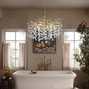 10-Lights 30 in. Dimmable Tree Branch Shape Gold Crystal Linear Chandeliers Living Room, High Celling, Foyer, Entryway