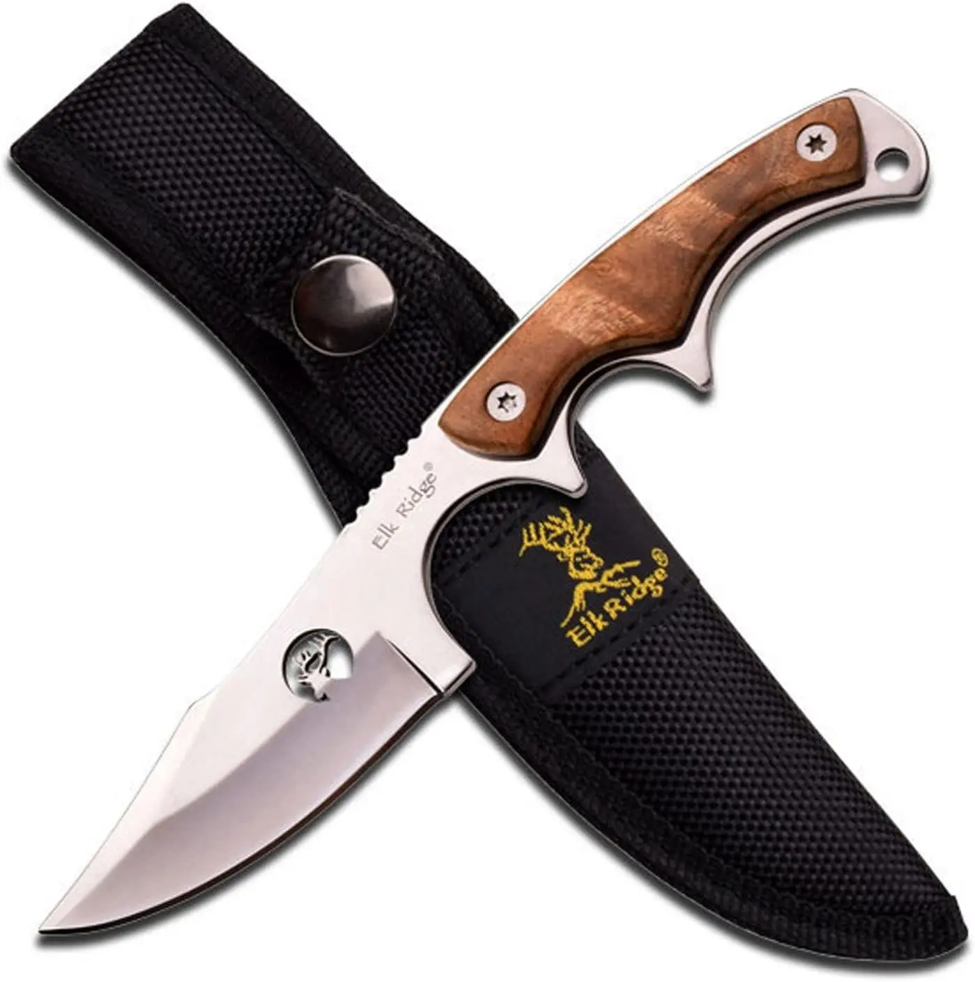 Elk Ridge - Outdoors Fixed Blade Knife 6.75-in Overall, Mirror Finished Stainless Steel Blade, Burl Wood Handle with Sheath