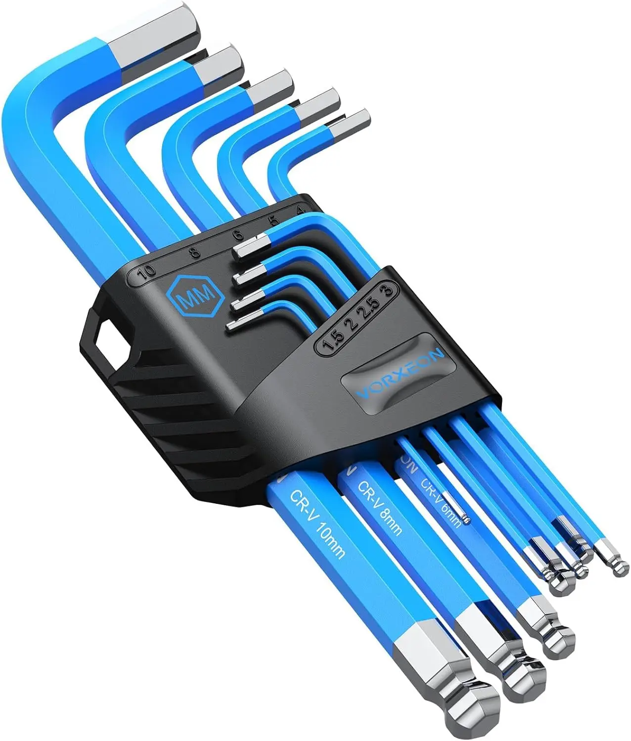 9 PCS Blue Allen Wrench Set Hex Keys 1.5-10 mm Metric Long Ball Flat End Cr‑V and S2 Steel L-key with Visible coding for Handyman DIY Bike Auto Repair Tools