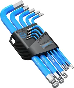 9 PCS Blue Allen Wrench Set Hex Keys 1.5-10 mm Metric Long Ball Flat End Cr‑V and S2 Steel L-key with Visible coding for Handyman DIY Bike Auto Repair Tools